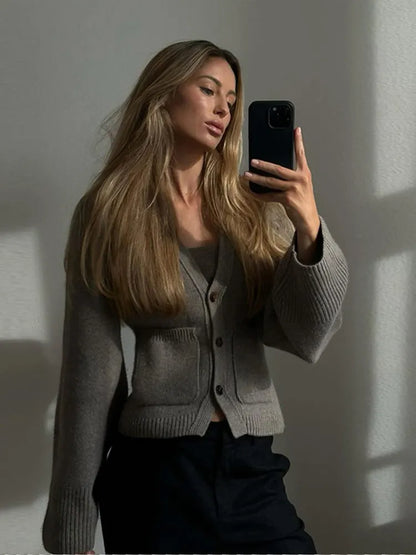 Women's V-Neck Cardigan Sweater Cozy Knit Beige