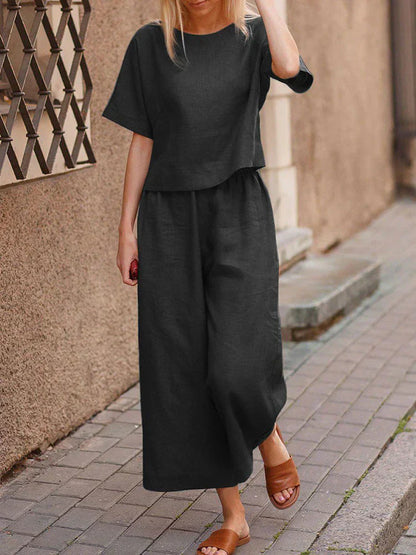 Women's Summer Two Piece Crew Neck T-Shirt Set