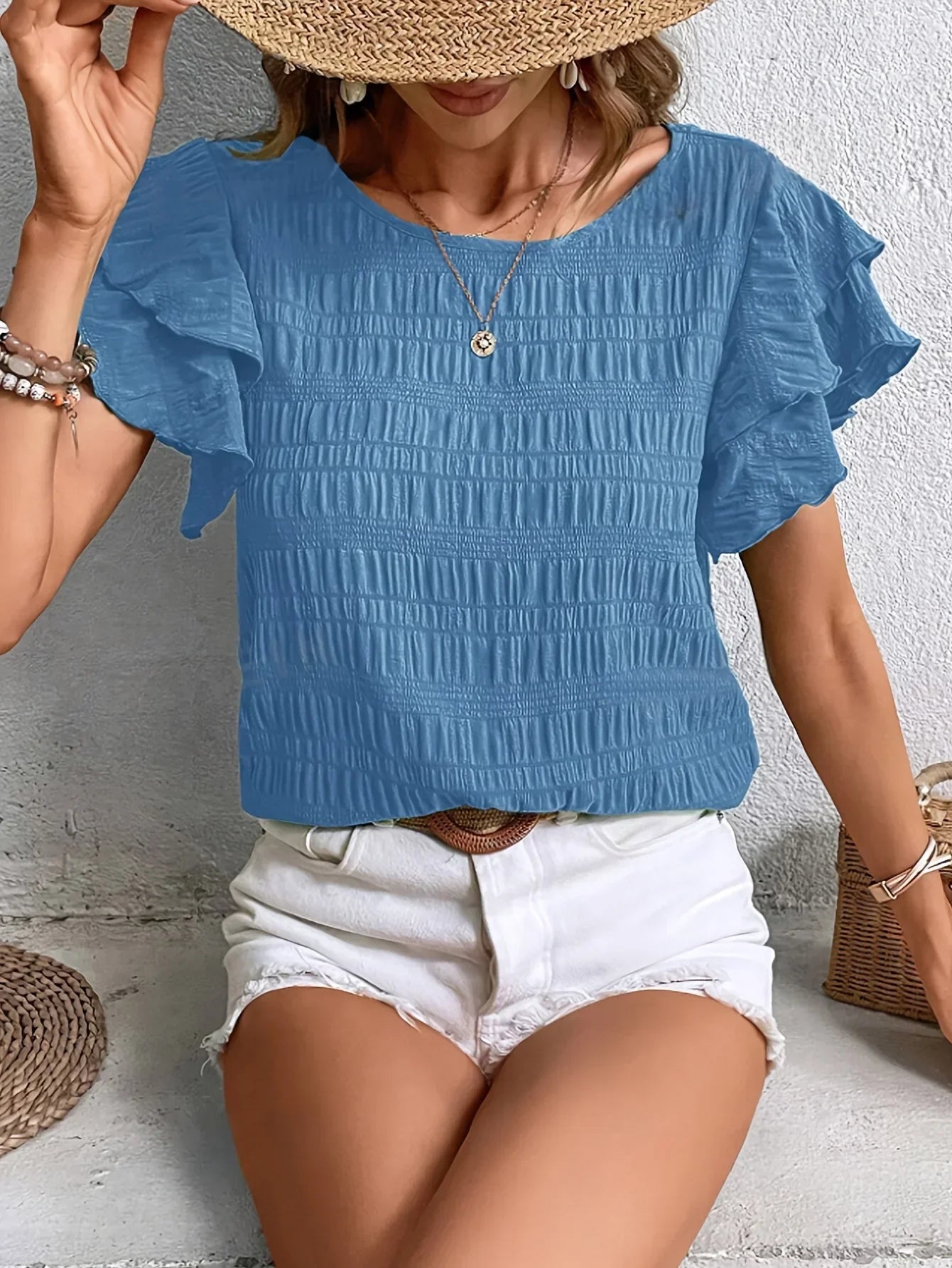 Women's Ruffle Sleeve Blouse Smocked Cotton