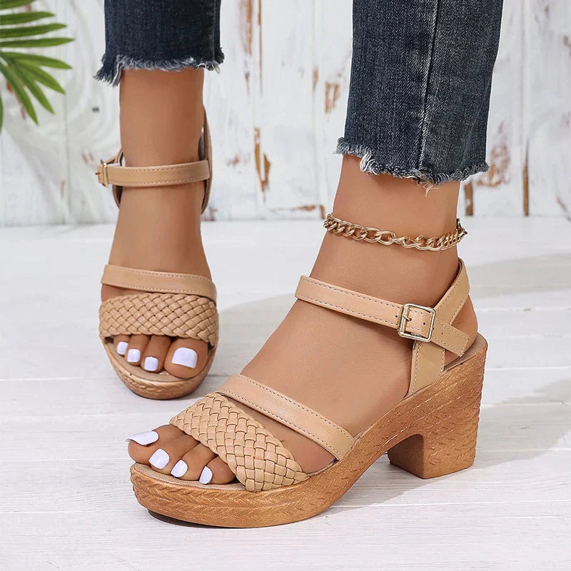 Women's Block Heel Sandals Braided Strap - Fashinoza