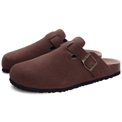 Women's Faux Suede Mules Cork Sole Clogs with Adjustable Buckle Strap