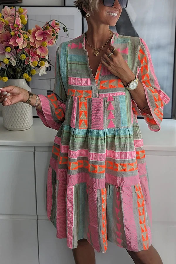 Women's Geometric Print Dress Flared Sleeves