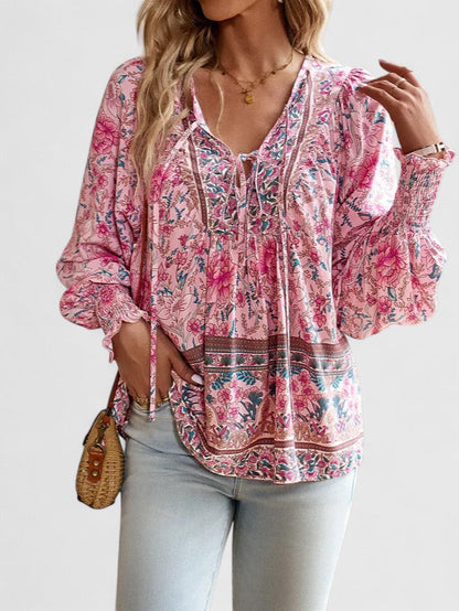 Women's V-Neck Puff Sleeve Blouse Floral