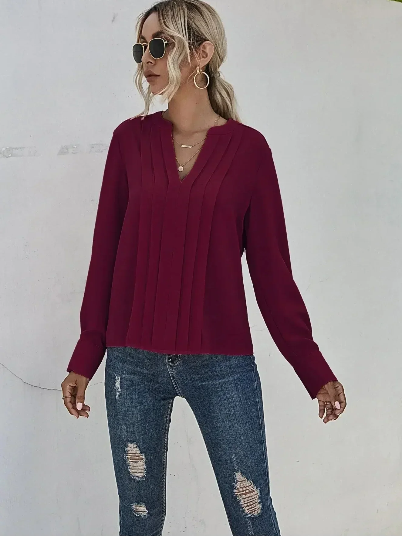 Women's V-Neck Blouse Long Sleeve Pleated