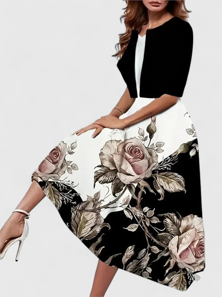 Women's Floral Midi Dress 3/4 Sleeve A-Line