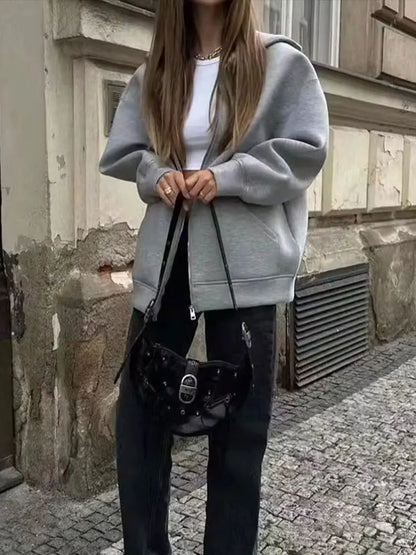 Women's Oversized Zip Hoodie Cotton Casual Grey - Fashinoza