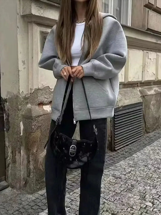Women's Oversized Zip Hoodie Cotton Casual Grey - Fashinoza