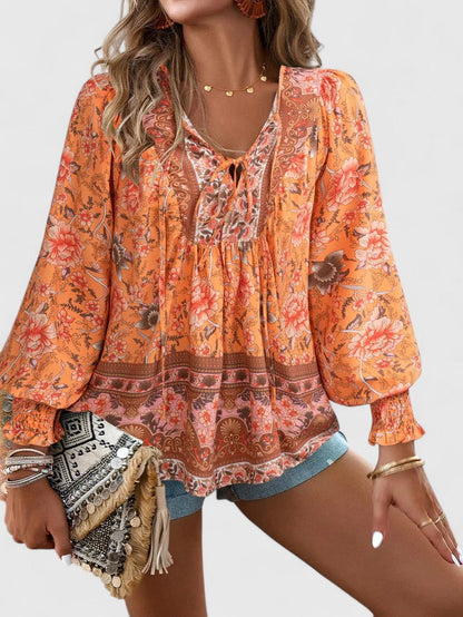 Women's V-Neck Puff Sleeve Blouse Floral