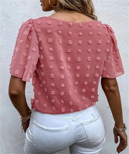 Women's Round Neck Blouse Puff Sleeves Floral Tie