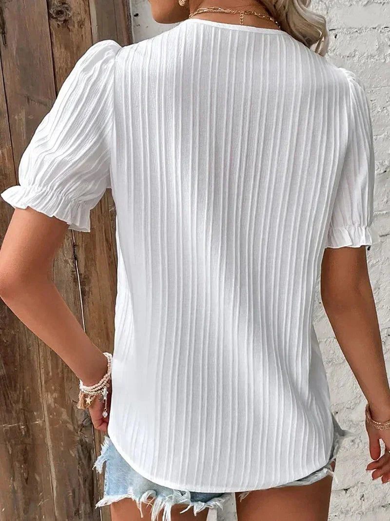 Women's Pintuck Blouse V Neck Short Sleeve