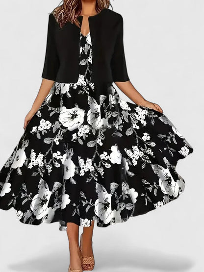 Women's Floral Midi Dress 3/4 Sleeve A-Line