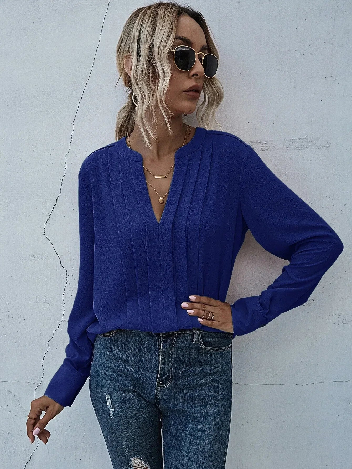 Women's V-Neck Blouse Long Sleeve Pleated