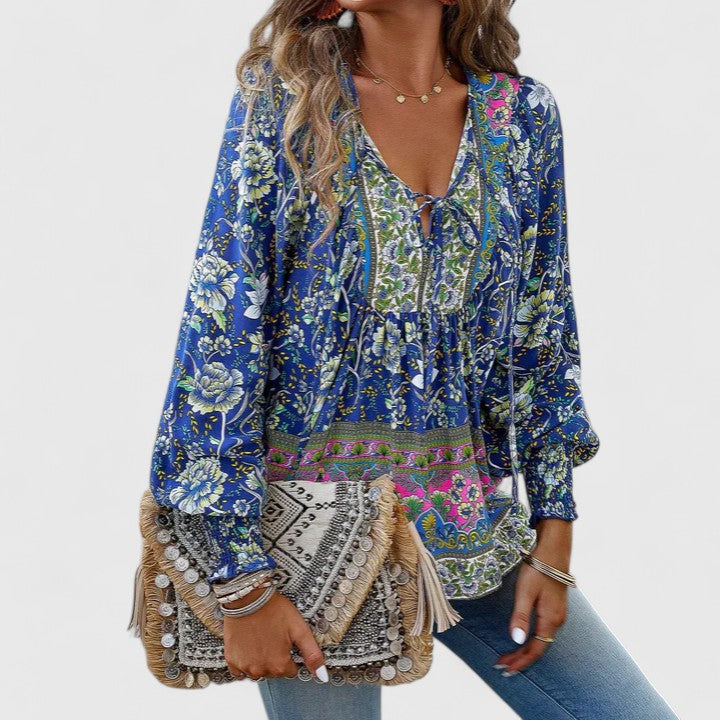 Women's V-Neck Puff Sleeve Blouse Floral