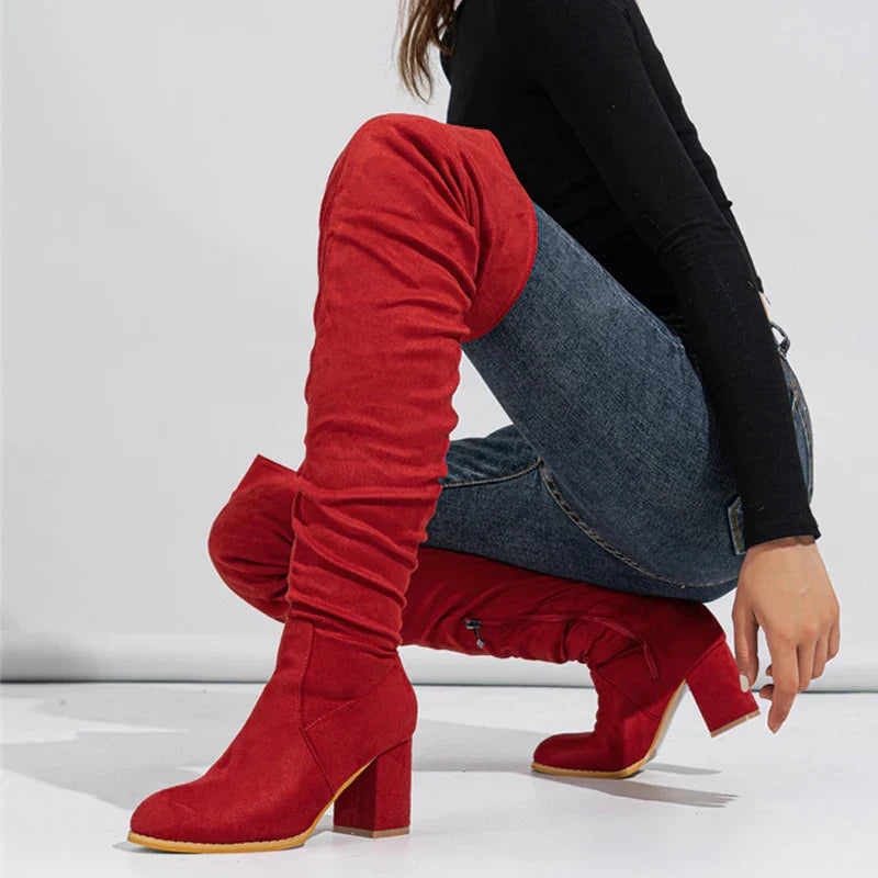 Women's Knee High Boots Pointed Toe Block Heel Slouch Design Black