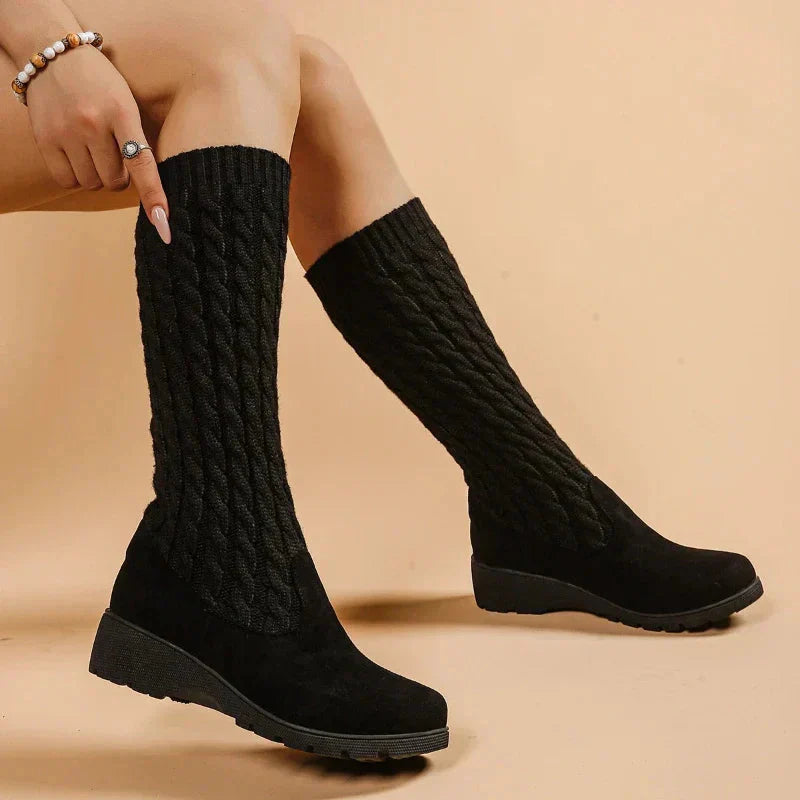 Women's Cable Knit Mid Calf Boots Wedge Design - 
Fashinoza