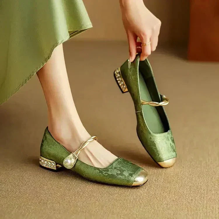 Women's Mary Jane Shoes Pearl Strap Glitter Block Heel - Fashinoza