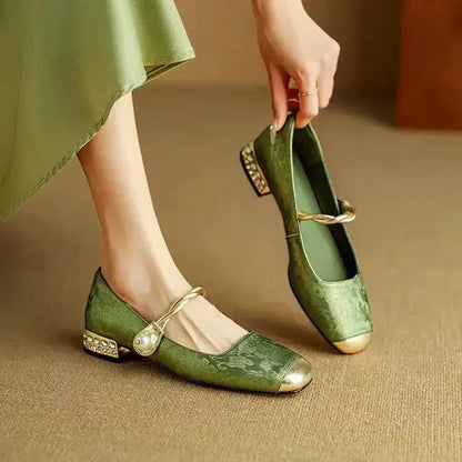 Women's Mary Jane Shoes Pearl Strap Glitter Block Heel - Fashinoza