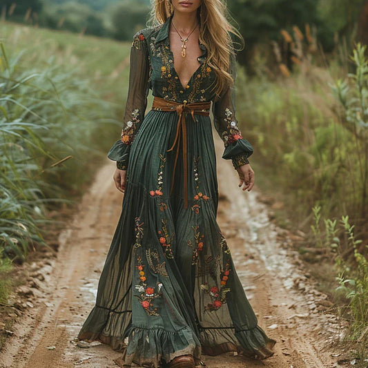 Women's Floral Maxi Dress Ruffle Collar Tie Waist - 
Fashinoza