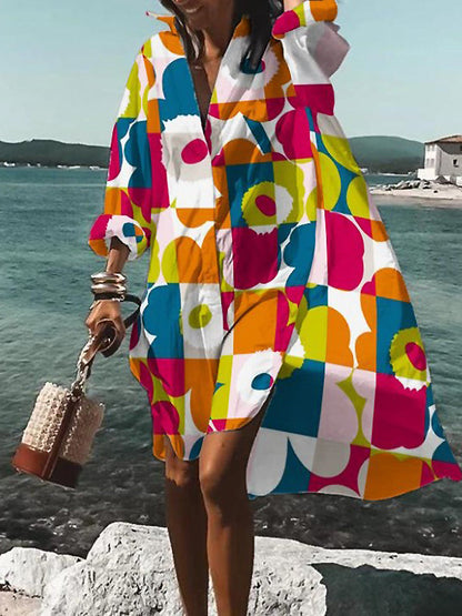 Women's Mini Floral Long Sleeve Shirt Dress