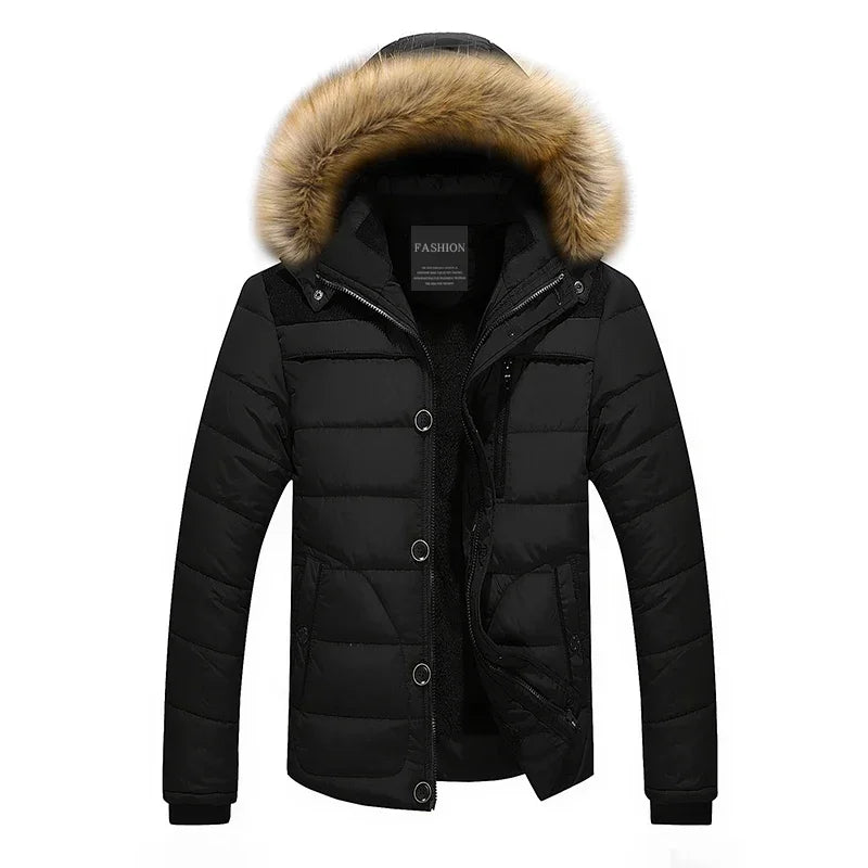 Men's Down Parka Wool Lined Hooded Jacket Warm Black