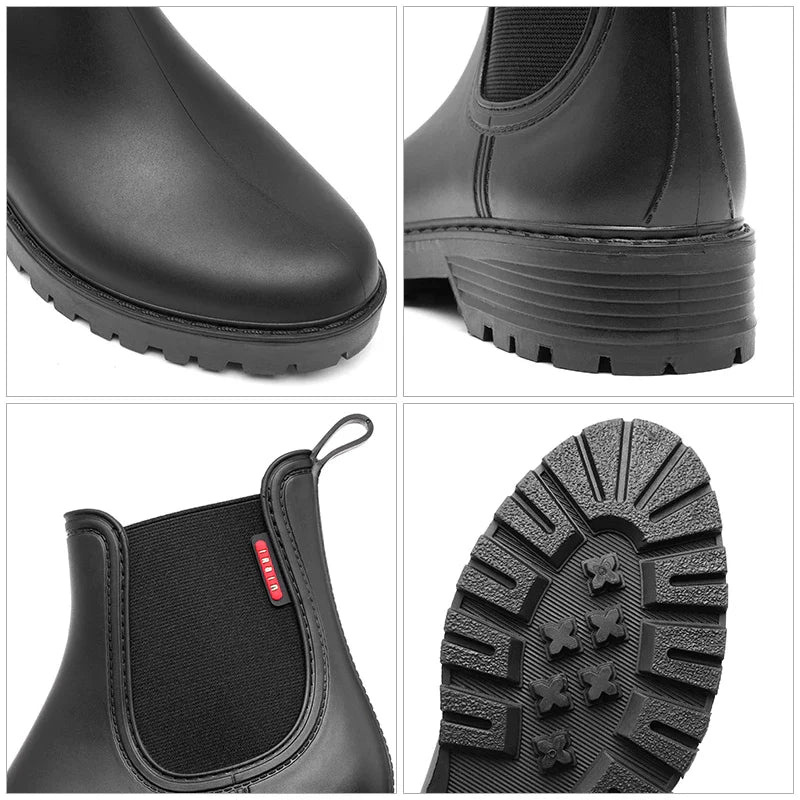 Women's Chelsea Rain Boots Waterproof Rubber Sole Black