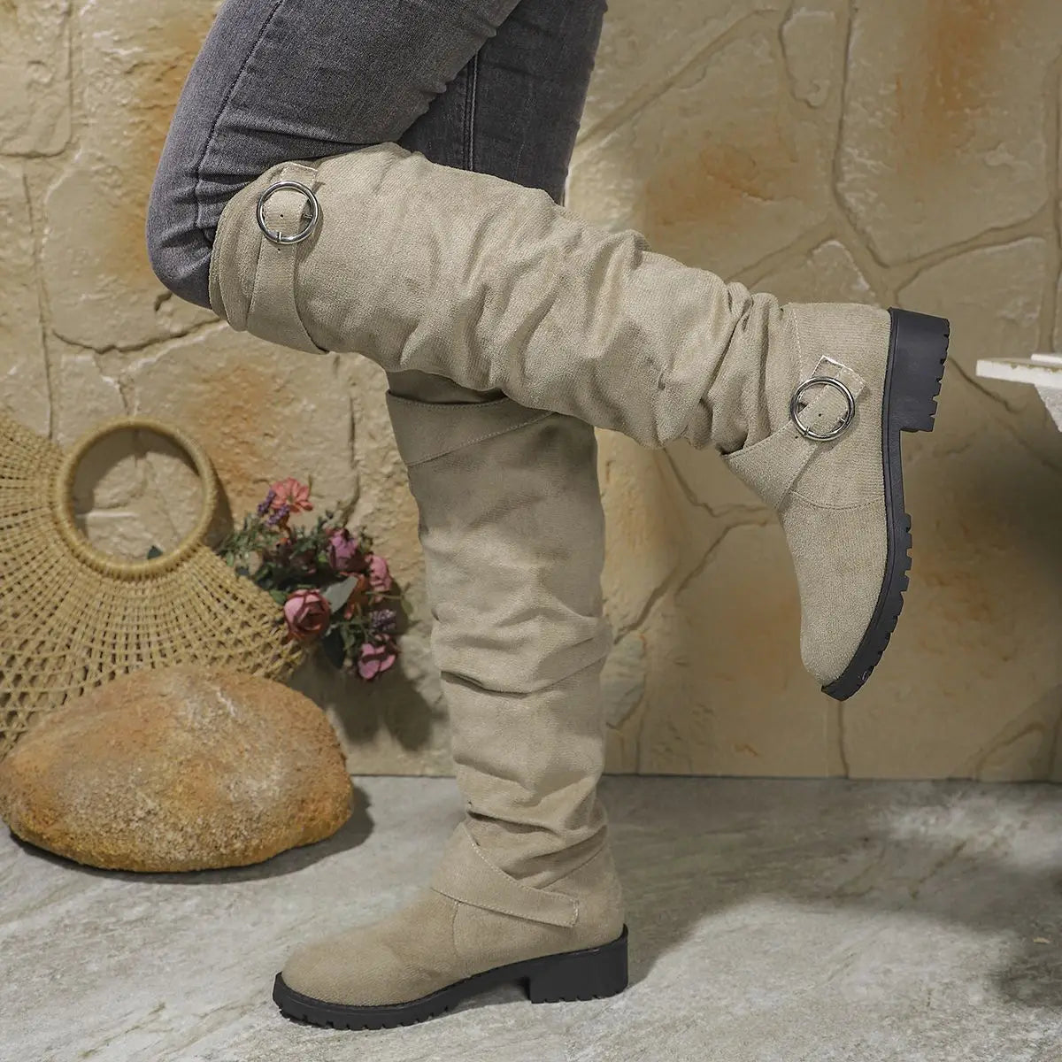 Women's Knee High Boots Low Block Heel Ring Accents
