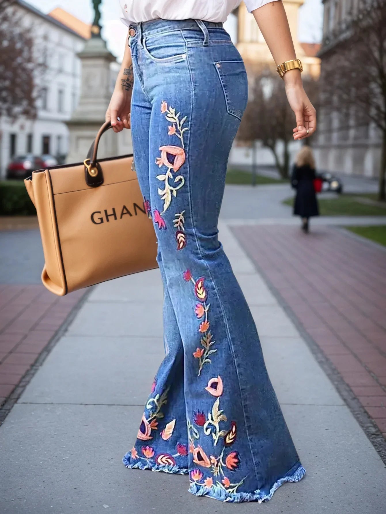 Women's Floral Denim Flare Pants High-Waisted Slim Fit Blue
