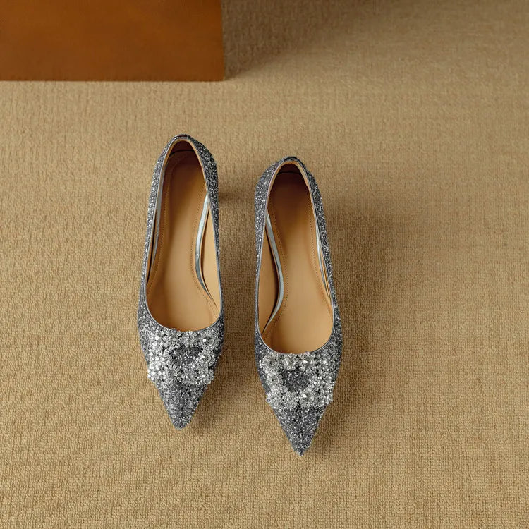 Women's Glitter Pumps Pointed Toe Crystal Buckle Heels