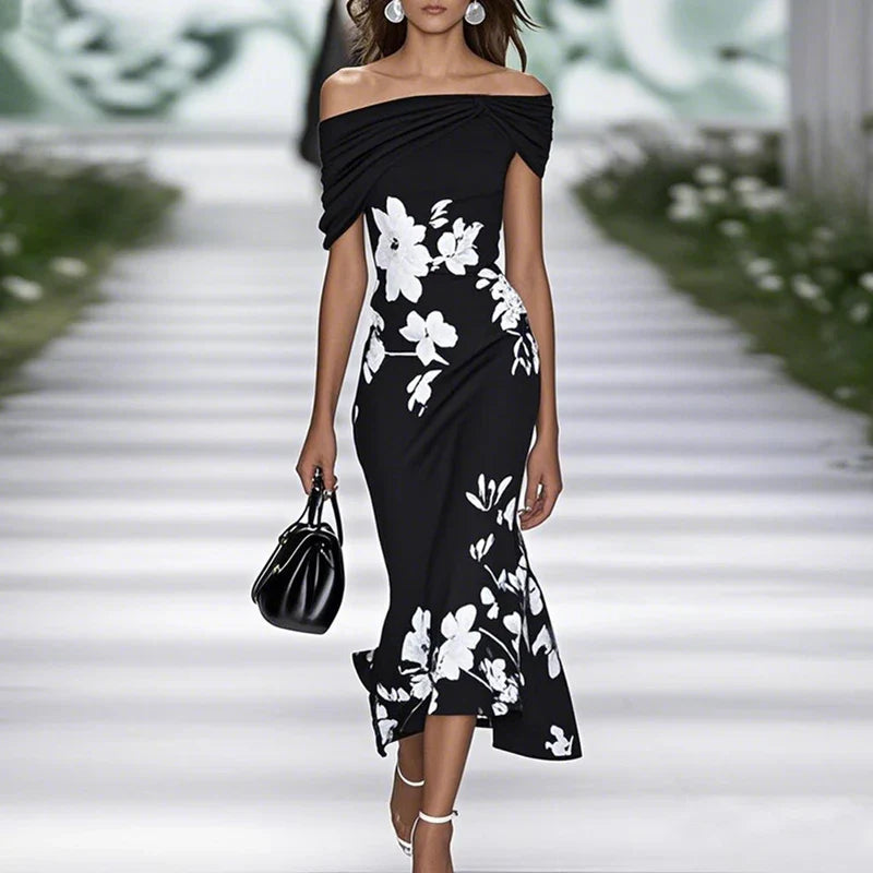 Women's Mermaid Midi Dress Off-Shoulder Floral - 
Fashinoza
