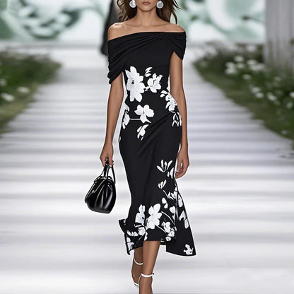 Women's Mermaid Midi Dress Off-Shoulder Floral - 
Fashinoza