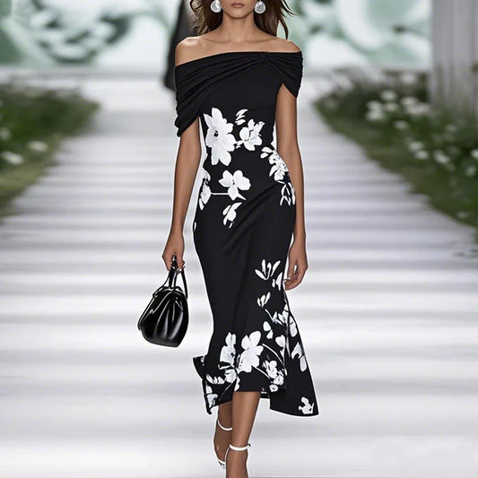 Women's Mermaid Midi Dress Off-Shoulder Floral - 
Fashinoza