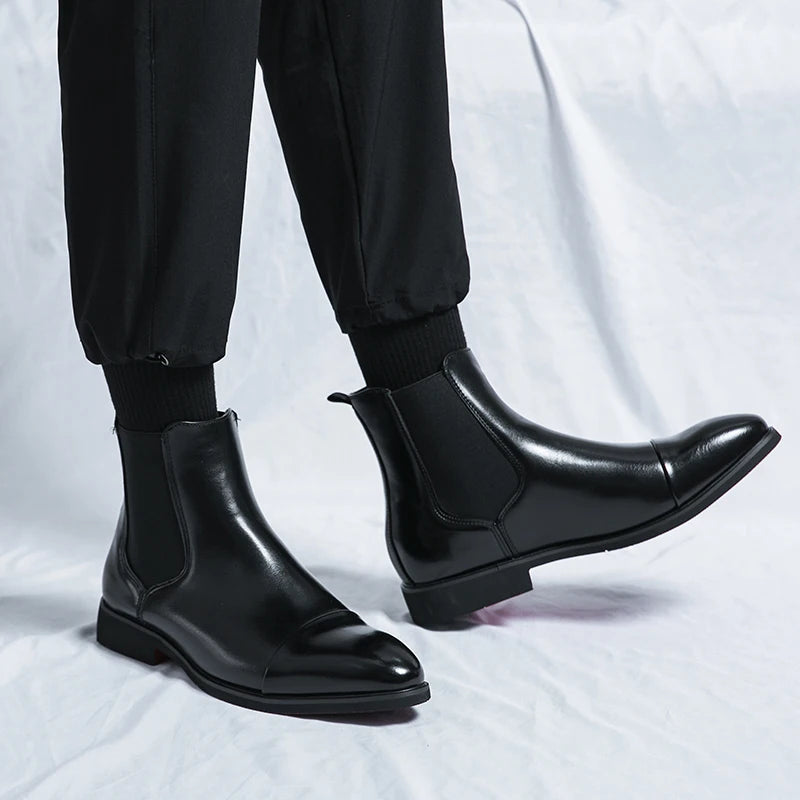 Men's Chelsea Boots Cap Toe Slip-On Leather Black - Fashinoza