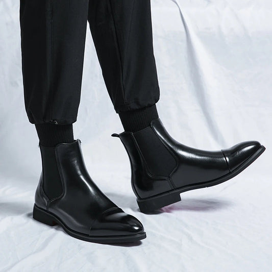 Men's Chelsea Boots Cap Toe Slip-On Leather Black - Fashinoza
