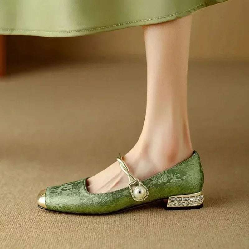 Women's Mary Jane Shoes Pearl Strap Glitter Block Heel