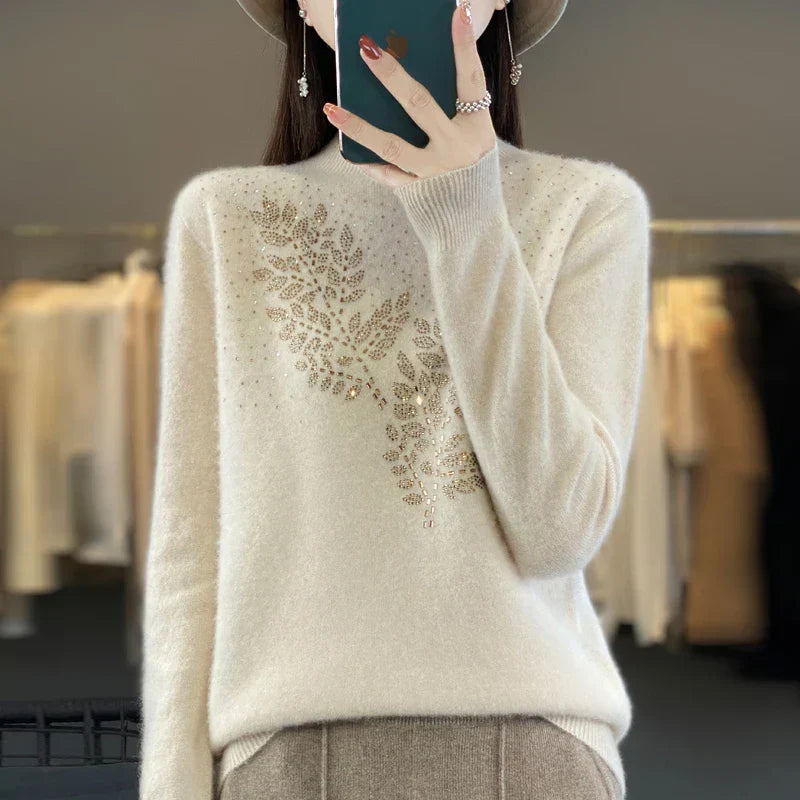 Women's Beaded Sweater Floral Embellishment - Fashinoza