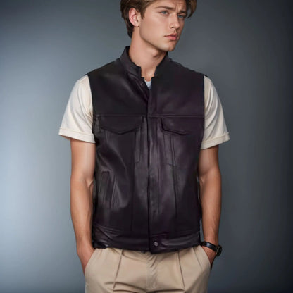 Men's Leather Vest Soft Genuine Leather Zipper Collar - Fashinoza