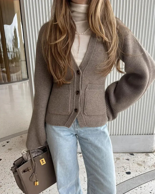 Women's V-Neck Cardigan Sweater Cozy Knit Beige - Fashinoza