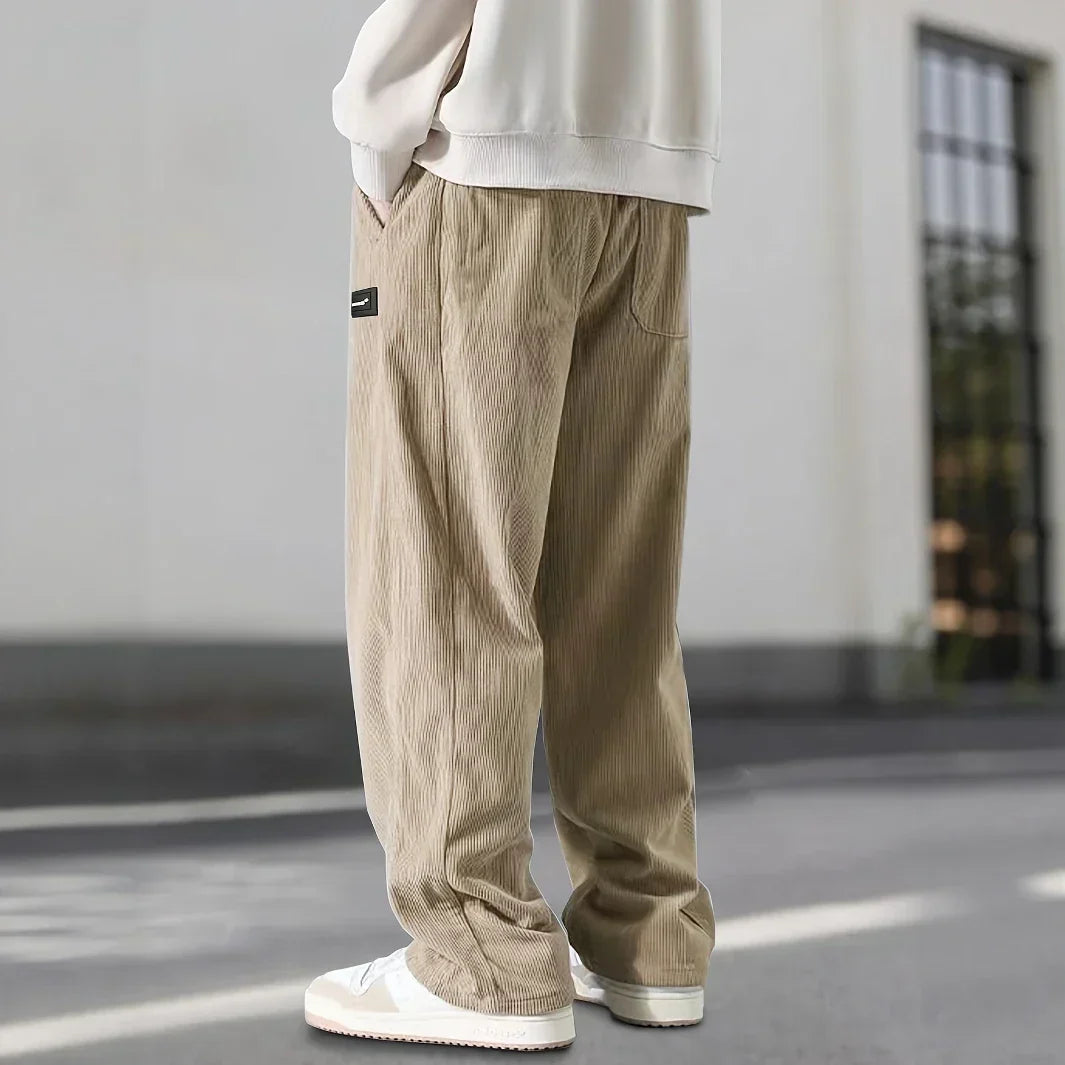 Men's Straight Leg Ribbed Pants Drawstring Waist