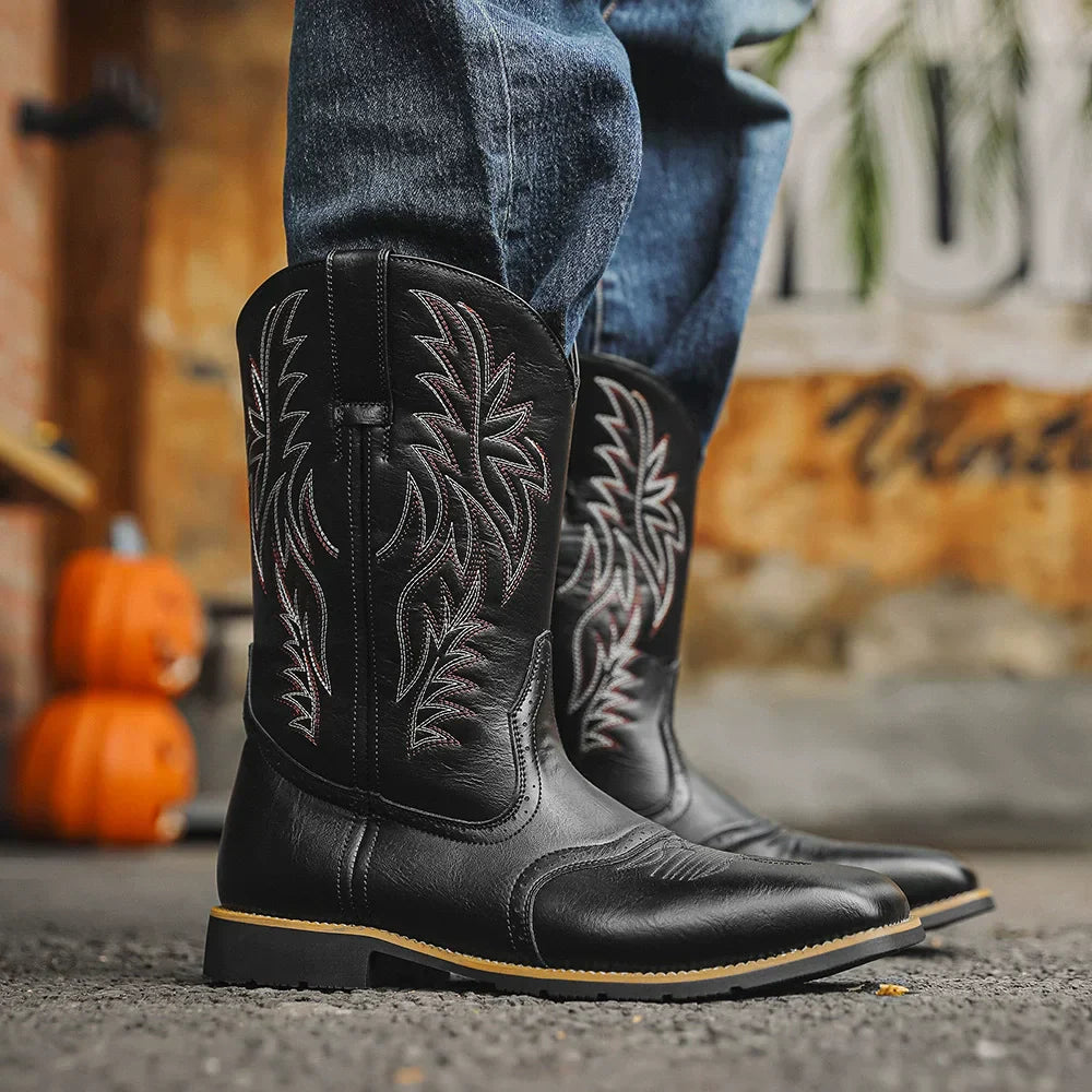 Men's Western Cowboy Boots Embroidered Mid-Calf Square Toe