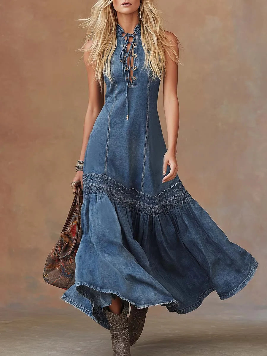 Women's Vintage Denim Long Dress - 
Fashinoza