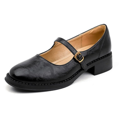 Women's Leather Mary Jane Shoes Low Block Heel Strap