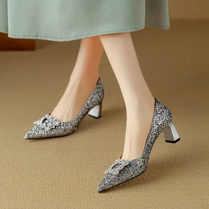 Women's Glitter Pumps Pointed Toe Crystal Buckle Heels