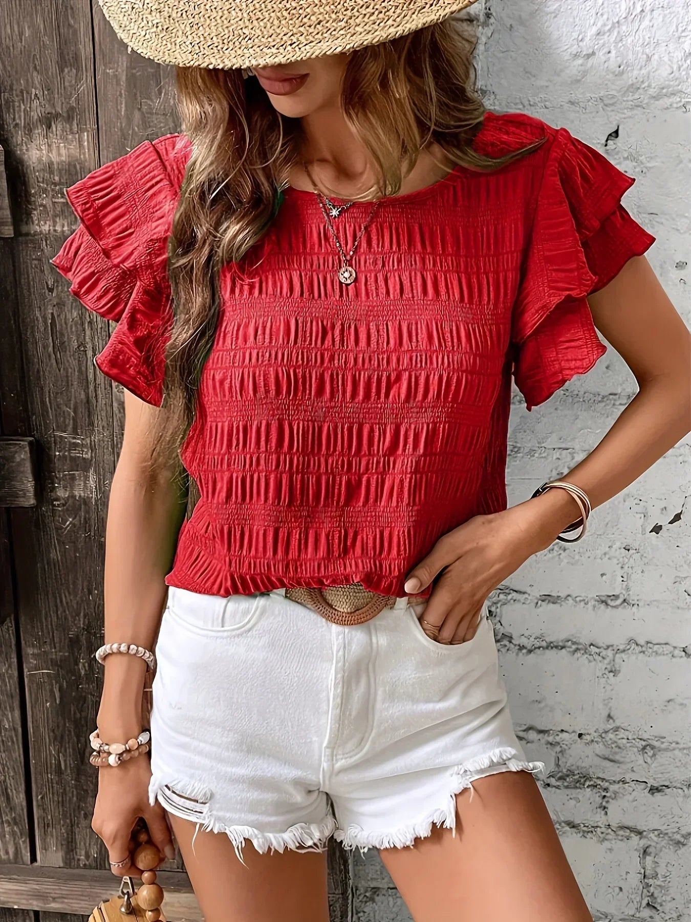 Women's Ruffle Sleeve Blouse Smocked Cotton