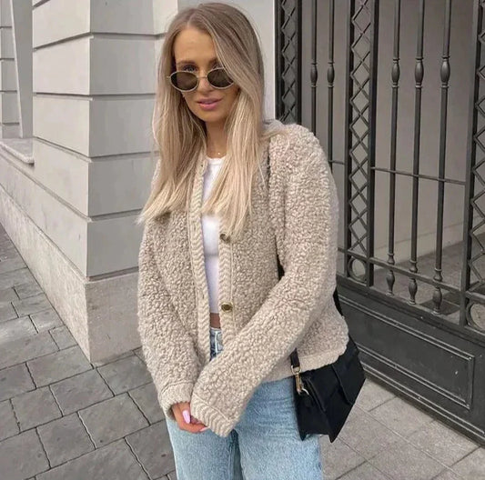 Women's Teddy Fleece Jacket Soft Button Front Casual - Fashinoza