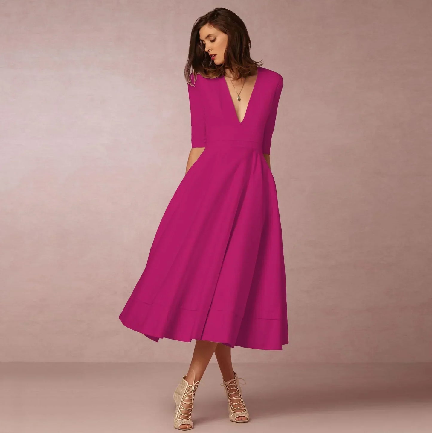Women's Deep V-Neck Midi Dress Half Sleeves Flared Skirt