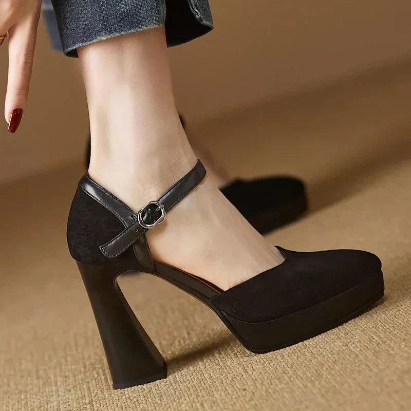 Women's Ankle Strap High Heels Block Pumps