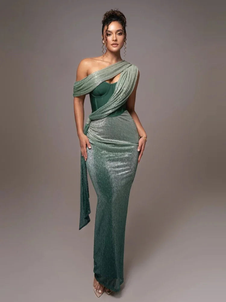 Samantha | Women One-Shoulder Metallic Evening Dress