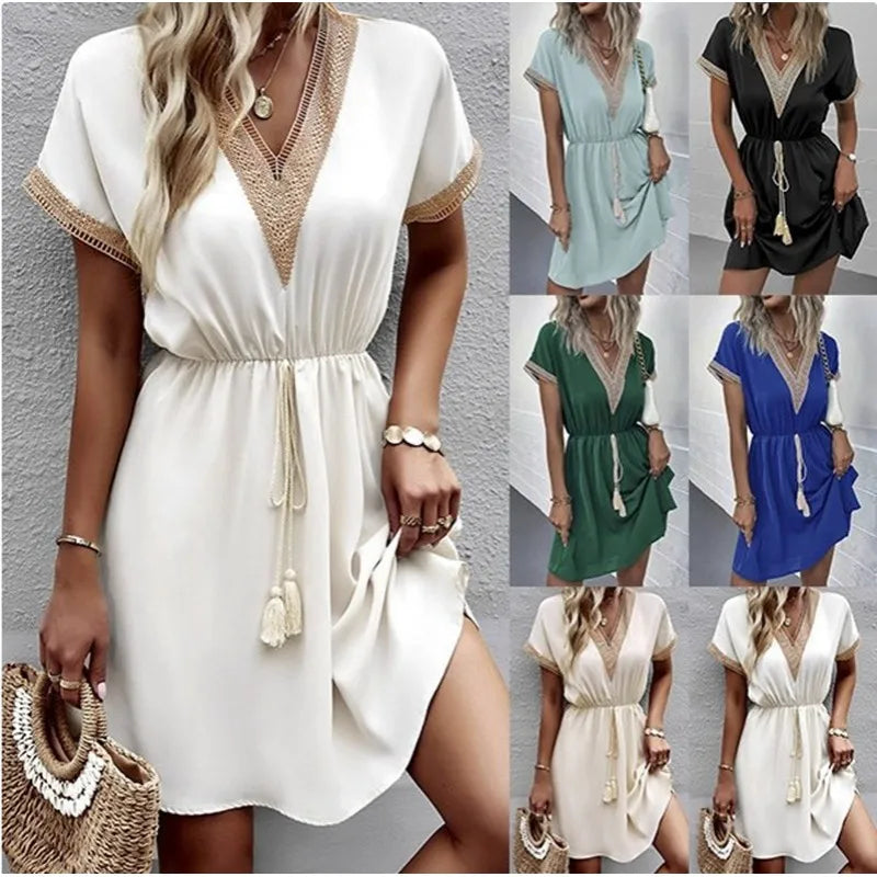Women's V Neck Boho Flowy Dress Casual