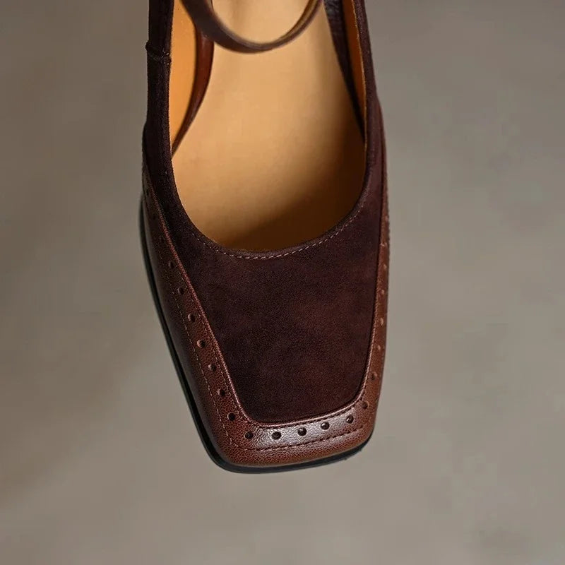 Women's Block Heel Pumps Ankle Strap Brown Leather