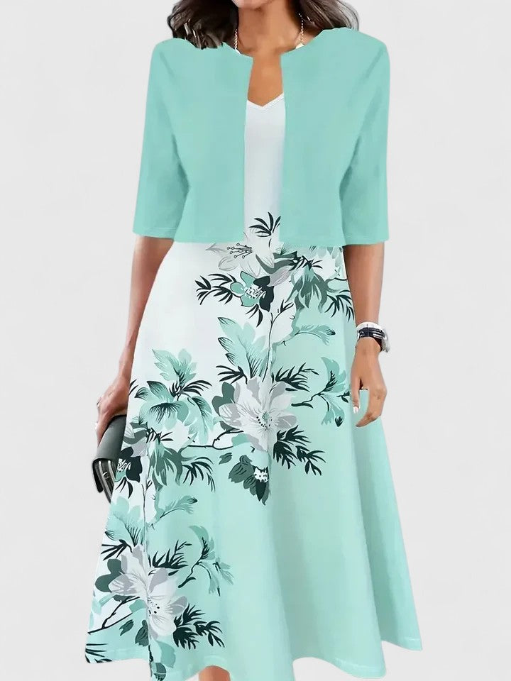 Women's Floral Midi Dress 3/4 Sleeve A-Line